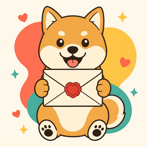 A Shiba dog holding up a heart-sealed letter