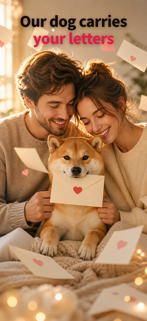 A couple holding a Shiba dog that carries a sealed letter, captioned Our dog carries your letters
