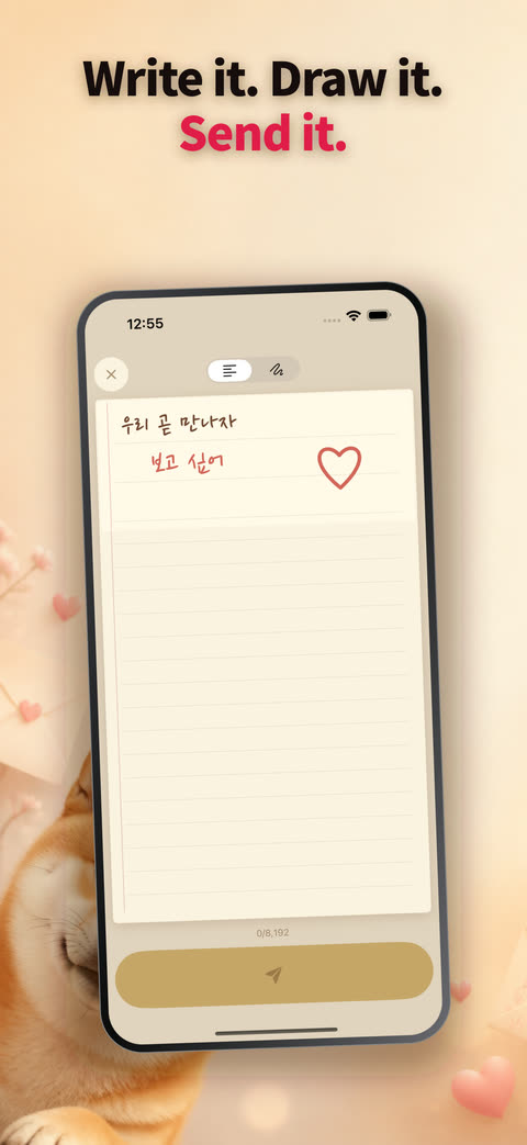 The Pawpal letter-writing screen with a handwritten note and a heart, captioned Write it. Draw it. Send it.