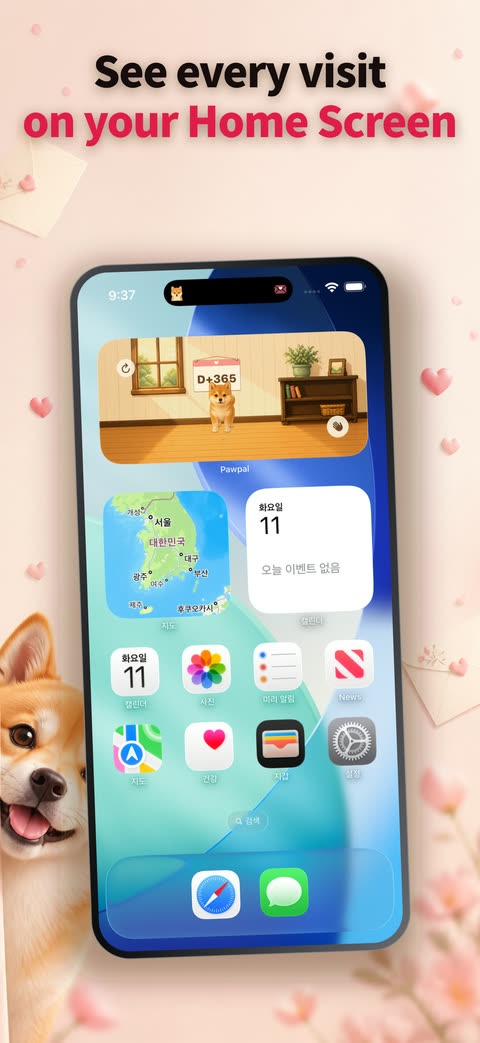 An iPhone Home Screen with the Pawpal widget, captioned See every visit on your Home Screen