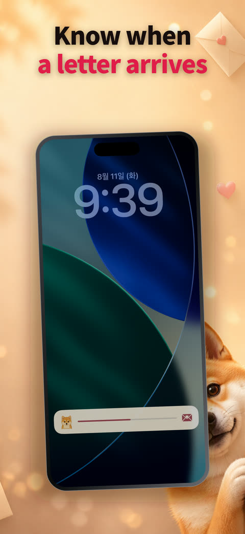 An iPhone Lock Screen with a Pawpal Live Activity, captioned Know when a letter arrives